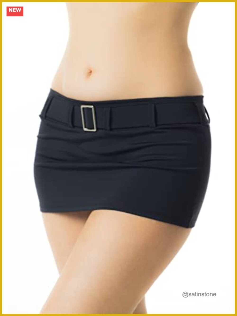 Low Rise Micro Mini Skirt with Faux Buckle Belt, Stretchy Nylon-Lycra